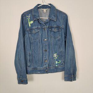 Jones New York Jeans Women's Jacket Size L Blue Green Embroidery Upcycled Cotton